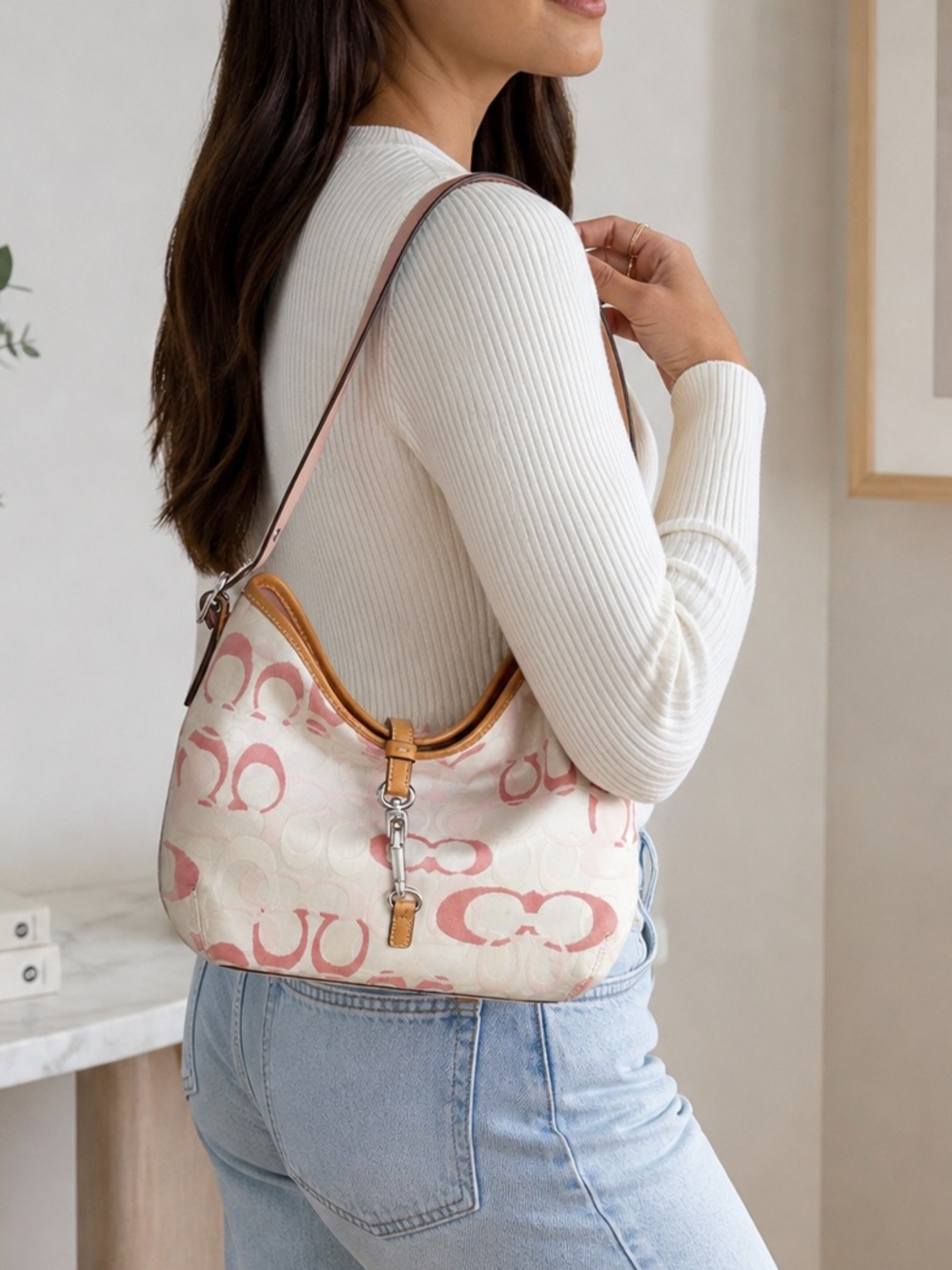 Rare Y2K Coach Pink Signature Optic C Hampton Clip Hobo - Picture 3 of 17
